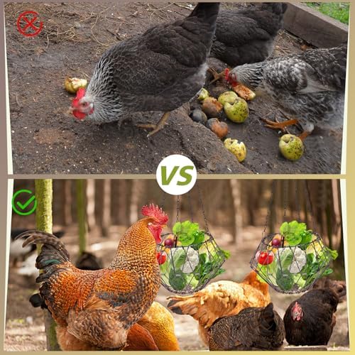 Hanging Chicken Feeder, Foldable 6.5inches Large Poultry Vegetable Fruits Feeder Basket with 17inches Hanging Chain, Veggie Treat Ball Boredom Toys for Chicken/Hens/Duck/Rabbit Coop, 2 Pack