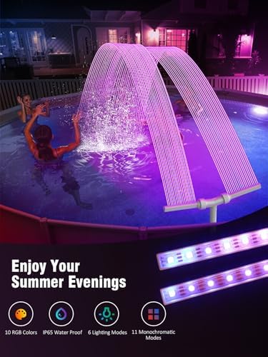 Pool Fountain with Solar Lights, for Above and In-ground Pool with 10-Color LED Lights, Control by APP, 360°Adjustable Dual Spray Waterfall Sprinkler