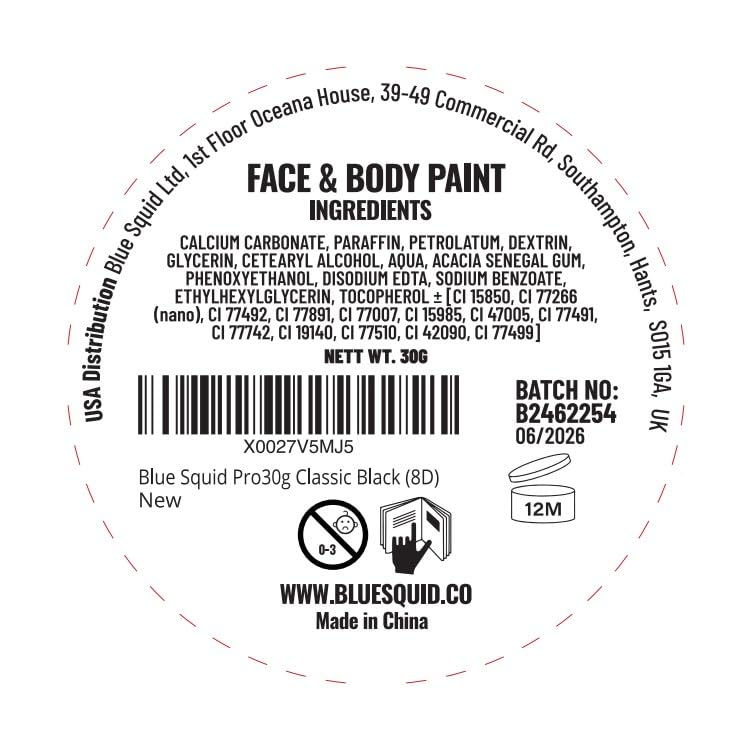 Blue Squid PRO Face Paint - Professional Water Based Single Cake Facepaint & Body Paints - SFX Makeup, Kids Adults Face Painting for Costume, Halloween, Cosplay - Classic Black 30g / 1oz