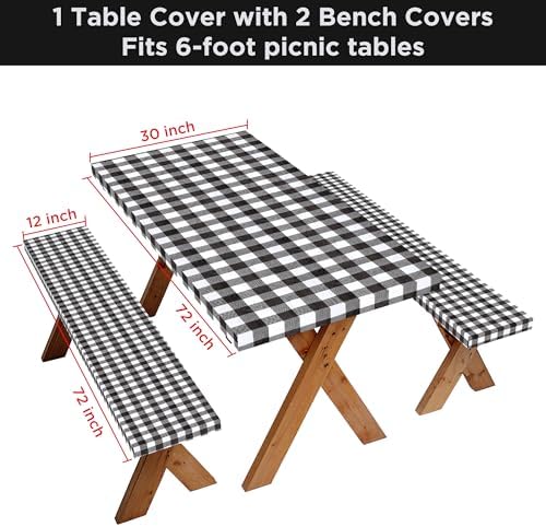 Picnic Table Covers with Bench Covers Set Elastic Fitted Tablecloth 6 FT for Outdoor Camping 3 piece (Black and White )