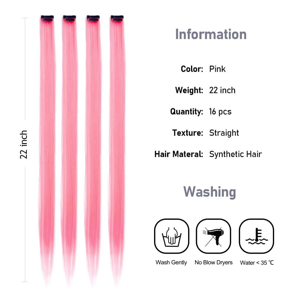 KGBFASS Colored Clip in Hair Extensions 20Inch Straight Syntactic Pink Color Hairpiece Rainbow Party Highlights for Women Girls Kids 16Pcs (Pink Ⅱ)