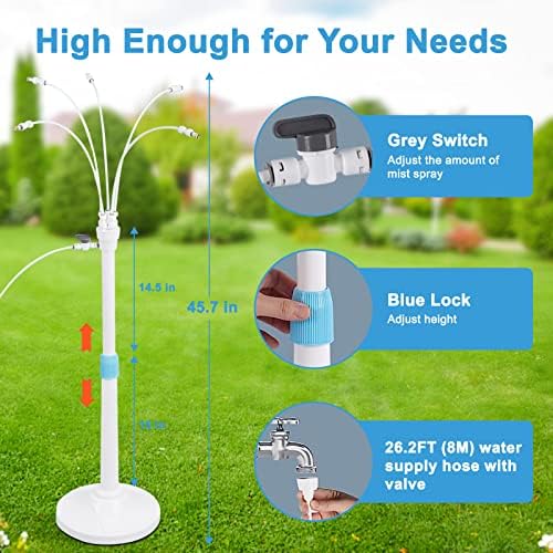Misters for Outside Patio, Standing Misting Cooling System, Portable Outdoor Water Mist Hose Kit, Adjustable 45.7in Height & 5 Spray Nozzles for Backyard Garden Pool Tanning BBQ Cool Kids Pet Playing