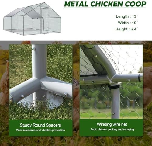 Large Metal Chicken Coop Upgrade Tri-Supporting Wire Mesh Chicken Run,Chicken Pen with Water-Resident and Anti-UV Cover,Duck Rabbit House Outdoor(10’ W x 13’ L x 6.5’ H)