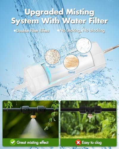 Misters for Outside Patio with Water Filter - 80Ft(24.5M) Misting System Line 30 Brass Mist Nozzles Brass Adapter(3/4") Patio Misters for Cooling Outdoor Greenhouse Backyard Porch Garden Party Pool