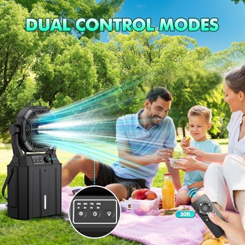 Misting Fan Portable Camping Fan 42800mAh Rechargeable with Remote Control, 3 LED Light & Stepless Speed Control & Cooling Spray with 6L Bucket, Timer Function, Portable Handle, Rotating Hanging Hook