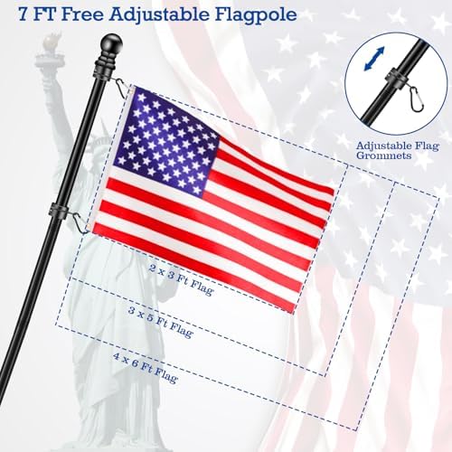 Black Flag Pole Kit for Outside House Porch, 7 FT Thickened Stainless Steel Wall Mount Flag Pole for 3x5'/4x6' American Flag, 1" Anti-Wrap Spinning Flagpole Rings (7 FT - No Bracket - Black)