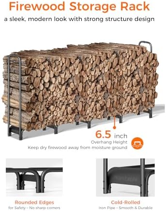 8ft Firewood Rack Outdoor with Cover, Heavy Duty Wood Racks Outdoor for Firewood, Indoor Firewood Storage Log Rack with Cover Wood Holder Set Black