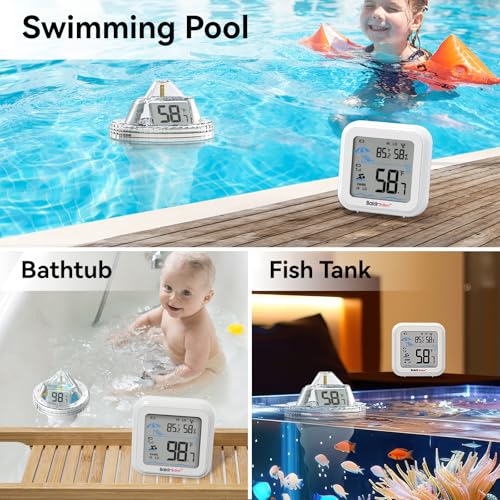 Pool Thermometer Digital Floating Easy Read, Anti-Fog 360° Reading with Indoor Temperature Humidity Monitor, IPX7 Water Temperature Monitor for Hot Tub/Ice Bath/Swimming Pool/SPA/Aquarium/Pond
