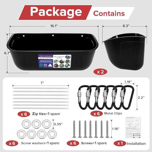 Goovilla Large Feed Trough, Hanging or Screw-in Fence Feeder with Clips, 2 Pack 9 Quart Goat Feeder Supplies, Dog Horse Hog Pig Livestock Poultry Plastic Feeder Trough Bucket for Large Animal, Black