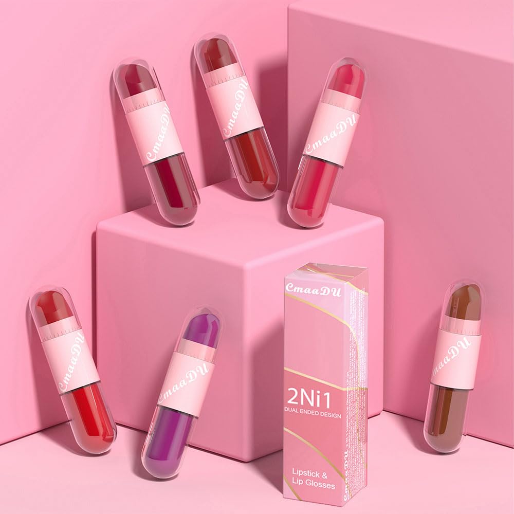 evpct 2 In 1 Matte Lipstick & Long Lasting Smudge Proof Liquid Lipstick Lip Gloss Stain 3Pcs Set for Women Dark Ruby Red Nude Beige Pink Mauve Matte Vegan Long Wear Waterproof 24 Hour Lipstick