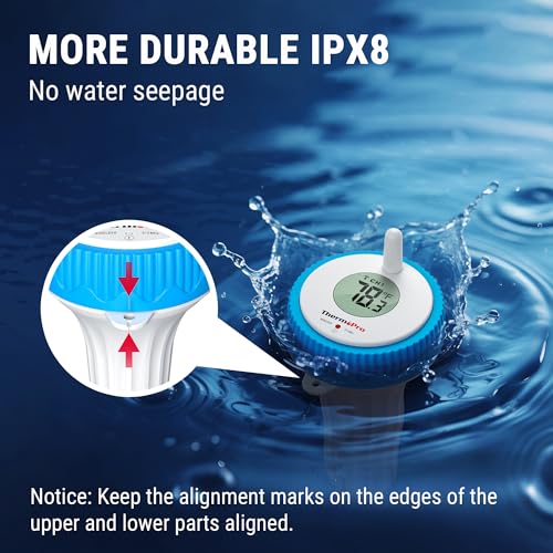 ThermoPro Waterproof Wireless Pool Thermometer Easy Read, Digital Pool Thermometer Floating for Swimming Pool, Upgraded IPX8 Water Temperature Monitor for Hot Tub/Cold Plunge/Ice Bath/Aquarium/Pond