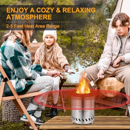9 x 7 Inch Tabletop Fire Pit by AmazStove, Low Smoke Camping Stove for Outdoor Safe Burning Firepits, Fueled Pellets or Wood, Travel Bag Included, Silver