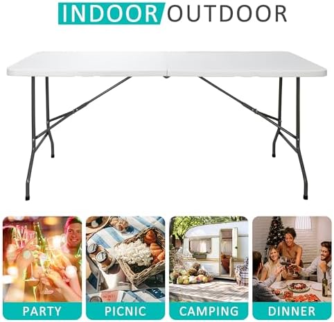 SUPER DEAL 6FT Folding Table for Indoor Outdoor, Portable Heavy Duty Fold-in-Half Plastic Dining Picnic Party Camping Table with Carrying Handle