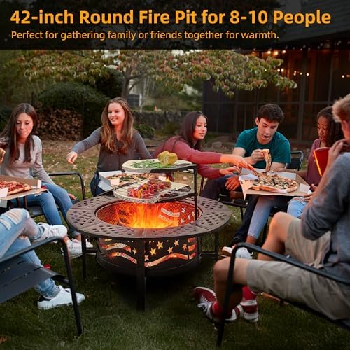 PrimeZone 42" Outdoor Fire Pit with 2 Grills - Wood Burning Firepit for Outside with Cover & Poker, Heavy Duty Metal Fire Pit Large Round Fireplace for Patio, Backyard, Picnic, Camping, Bonfire