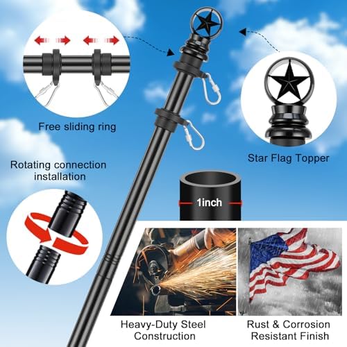 American Flag with Pole Kit - 5ft Heavy Duty Stainless Steel Flagpole for Outside House,3x5 Embroidered US Flags,Tangle-Free Outdoor, Metal Holder Mount Bracket for Residential Porch,Wall -Black