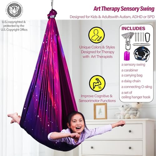 Sensory Swing for Kids & Adults Holds up to 300lbs Indoor & Outdoor Double Layer Therapy Cuddle Swing with 360° Swivel Hanger Kit for Calming, Effect for Autism, ADHD or SPD. (Galaxy Purple)