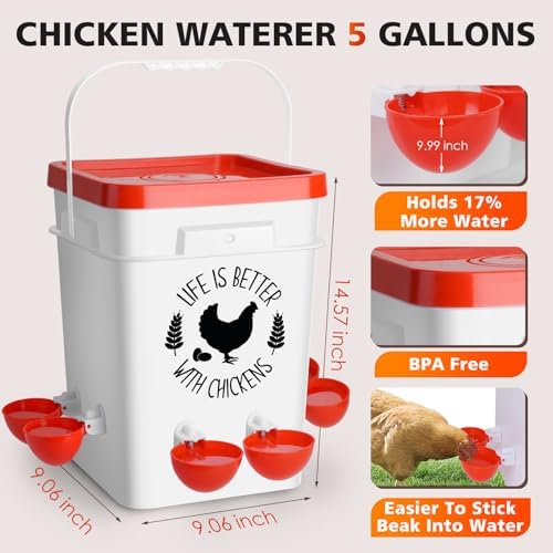 Tgeyd Chicken Waterer 5 Gallon, with 6 Enlarge Automatic Water Cups, Large Cicken Waterer for Chicken Duck and Goose