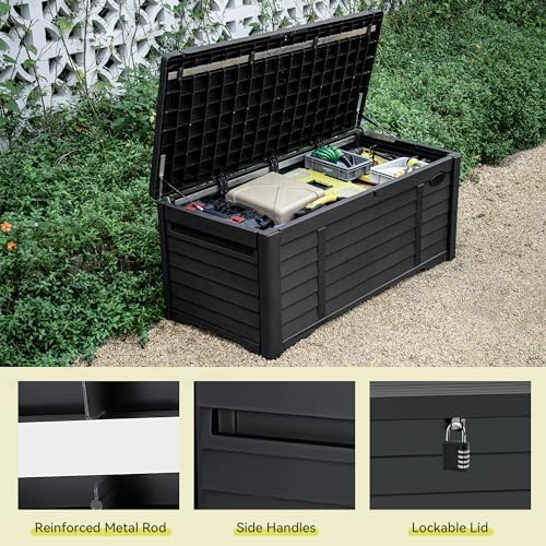 YITAHOME 120 Gallon Large Outdoor Storage Deck Box, Waterproof Cushion Storage Bench with Lockable Lid for Patio, Pool Supplies, Garden Tools, Resin, Black