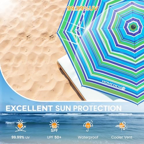 HOMEDEMO 7ft Beach Umbrellas For Sand Heavy Duty Wind, Portable Beach Umbrella UPF 50+ Windproof Outdoor Beach Umbrella with Sand Anchor, Tilt Pole, Carry Bag, Table Tray, Vent and Hook