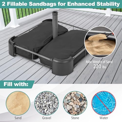 Tangkula Patio Umbrella Base, 220 lbs Heavy Duty Sand Filled Weighted Umbrella Stand with 2 Sandbags, All Weather Oxford Cover, for Poles up to 1.9 inches, for 15 ft Large Market Table Pool Umbrella