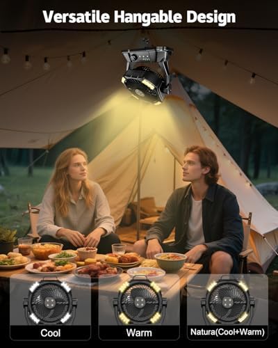 Portable Misting Fan with Remote, Camping Mister Fan for Outdoors Patios, Rechargeable Battery, 4 Spray Outlets, 3 Lights Modes, Stepless Speed and Timer for Fishing/Golf/Garden/Party/Office
