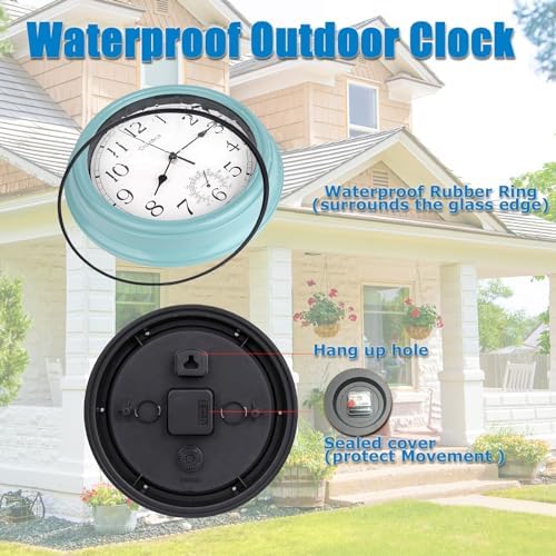 12 Inch Outdoor Clock Waterproof with Thermometer,Vintage Indoor Outdoor Wall Clocks for Patio,Pool,Garden,Home Decor-Teal