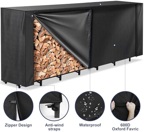 Honest 8ft Firewood Rack Cover, Heavy Duty Waterproof 600d Oxford Outdoor Firewood Storage Cover with Zipper and Openable Front Flap, Cover Only