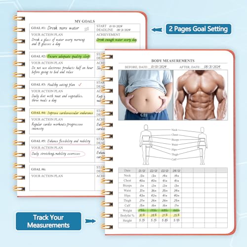 Fitness Journal-Workout Journal for Women & Men, Hard Cover Leather Fitness Planner, Workout Log Book With Gym Goals, Calendar, Progress Tracker, A5-5.7" x 8.3" - Black