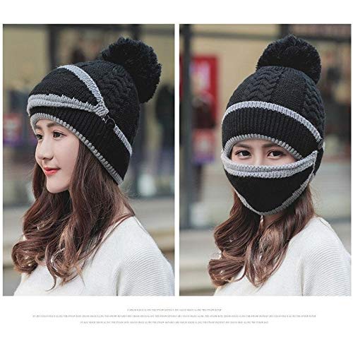 3pcs/Set Fashion Women Winter Knitted Hat Thickened Woolen Cap with Warm Mask and Neck Scarf (Black)