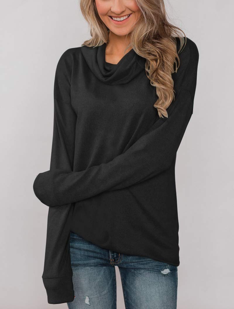 Minthunter Women's Long Sleeve Pullovers Cowl Neck Tunic Shirt Casual Sweatshirt Tops Black