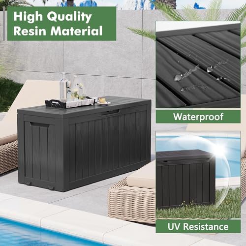 NUNU LAB 75 Gallon Outdoor Storage Box,Large Resin Sturdy Deck Box, Backyard Outside Storage Box Waterproof with Double Wall Panels,Package Delivery Garden Hose Storage Bin Outdoor Tool