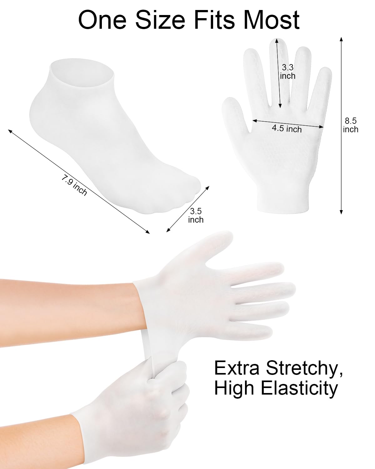 BLATOWN 2 Pairs Silicone Moisturizing Glove Socks Set, Anti Slip Soft Spa Gel Socks Softening Feet Dry Cracked Skin, Women Spa Pedicure Socks for Foot Hand Softening, Foot Care After Pedicure (White)