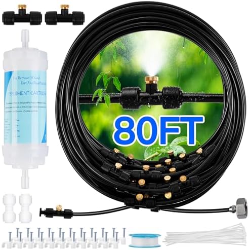 Misters for Outside Patio with Water Filter - 80Ft(24.5M) Misting System Line 30 Brass Mist Nozzles Brass Adapter(3/4") Patio Misters for Cooling Outdoor Greenhouse Backyard Porch Garden Party Pool