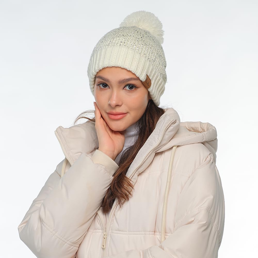C.C Sequin Pom Beanie for Women - Acrylic Stretchable Soft Warm with Pom Knit Winter Skully Hat (Ivory/Silver)