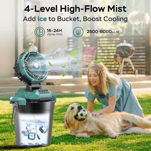 Portable Misting Fan for Outdoors Patios - 30000mAh Rechargeable Battery Powered Camping Fan, 4 Spray Mister with Timer, Fits 10-13" Bucket, 4 Speed, 90° Auto Oscillation for Garden Sports Travel Golf