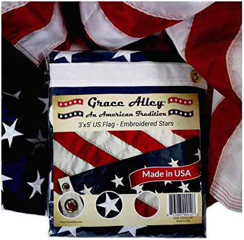 Grace Alley American Flag: 3x5 FT US Flag - 100% Made in USA. Embroidered Stars, Sewn Stripes and Brass Grommets. Fade Resistant, Heavy Duty, Long Lasting Nylon for Outdoor Durability.