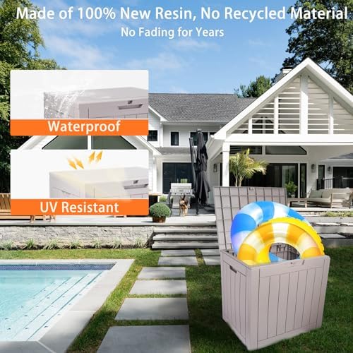 Plastic Deck Box Small Resin 31 Gallon Patio Storage Boxes Outdoor Waterproof Storage for Outside Toy Storage Box Waterproof Grey Garden Bin with Lid Lockable Dock Box