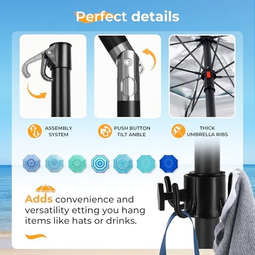 HOMEDEMO Heavy Duty High Wind Beach Umbrella with Sand Anchor,Built-in Table Tray & Tilt Pole&Hook& Curtain, UPF 50+ Windproof Portable Beach Umbrella for Patio Garden Pool Backyard