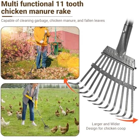 2pcs adjustable heavy 10 inch wide shovel area of chicken scooper for poop(36.6-61.8"long)and 11 tooth chicken coop rake(36.7-73"long). Suit for cleaning chicken coops, racecourses, and sheep pens