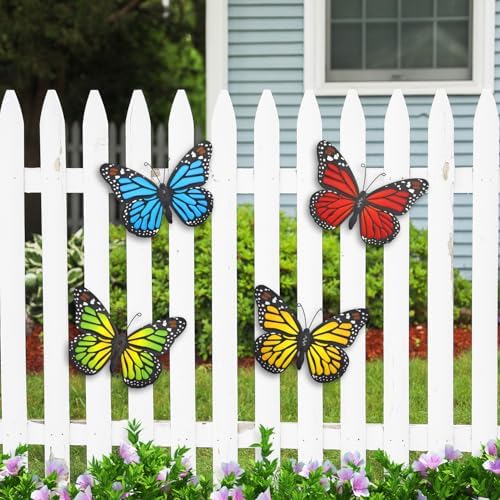 Metal Butterfly Wall Outdoor Decor, 4 Pack 9.8in Metal Butterflies Wall Art Sculpture Hanging Decorations for Backyard Patio Fence Garden Home, Gift for Mom Friend