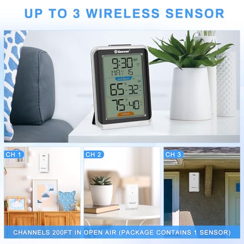 Geevon Wireless Indoor/Outdoor Thermometer & Hygrometer, Digital Temperature & Humidity Sensor with Time, Clock, 200ft/60m Range, Large Display