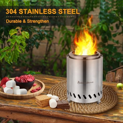 9 x 7 Inch Tabletop Fire Pit by AmazStove, Low Smoke Camping Stove for Outdoor Safe Burning Firepits, Fueled Pellets or Wood, Travel Bag Included, Silver
