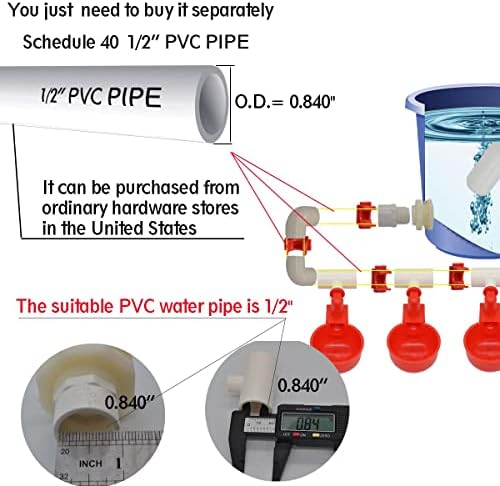 Complete Set Pipeline Automatic Chicken Nipple Waterer Cups and 1/2" PVC Tee Fittings Pipe Feeder Poultry Waterer