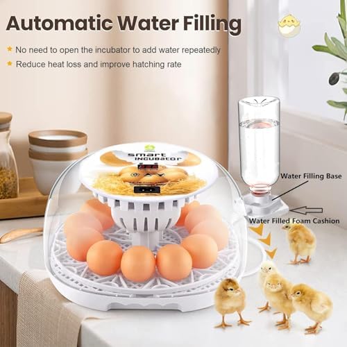 Incubators for Hatching Eggs, 12 Egg Incubator with Automatic Egg Turning and Temperature Control, Automatic Water Adding, LED Egg Candler, for Hatching Duck, Quail, Goose Eggs (White)