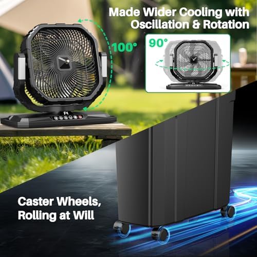 Ausic 12-inch 20L Bucket Misting Fan Portable, 30000mAh Outdoor Fans for Patios/Camping/Beach/Golf etc., Rechargeable Battery Powered Water Cooling Fan with LED Light, Timer, Caster, Oscillating