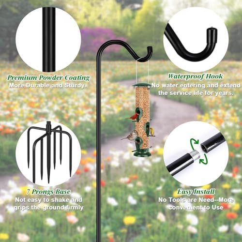 FEED GARDEN [Upgrade Version Adjustable Shepherds Hook Bird Feeder Pole with 7 Prongs Base, 76 Inch Tall Heavy Duty Outdoor Garden Poles for Hanging Bird Feeders, Plant Baskets, Black (1 Pack)