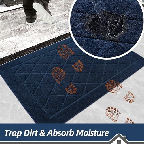 BEQHAUSE Dirt Trapper Door Mat 20" x 32", Doormat Non-Slip Entryway Rugs Washable, Dog Door Mat Stain Resistant and Absorbent Welcome Floor Mat for Front Back Door, Muddy Wet Shoes & Paws, Navy Blue