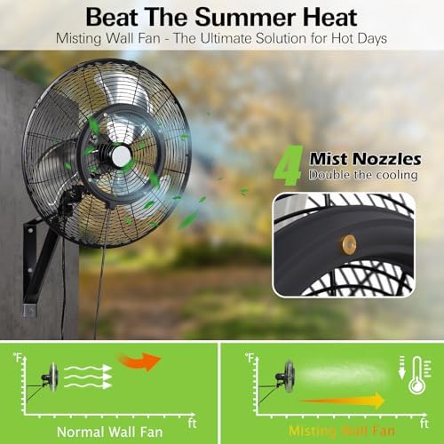 20" Outdoor Misting Wall Fan, 3-Speed High Velocity Industrial Outside Fan, Waterproof Wall Mount Oscillating for Patio Cooling - UL Listed Black