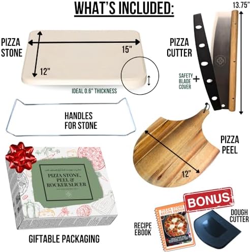 Pizza Stone for Oven and Grill Set - 5PCS Pizza Making Accessories Kit - 15 inch Pizza Stone with Handles, Pizza Peel, Pizza Cutter, Dough Tool - Baking Stone for Bread - Large Rectangular Oven Stones