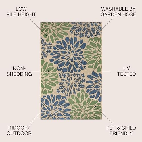 JONATHAN Y SMB110B-5 Zinnia Modern Floral Textured Weave Indoor Outdoor Area-Rug Bohemian Coastal Easy-Cleaning Bedroom Kitchen Backyard Patio Non Shedding, 5 X 8, Navy/Green